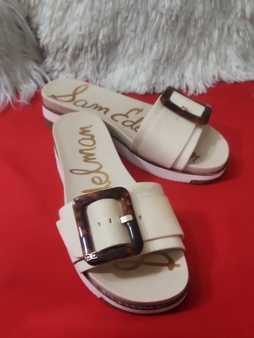 Sam Edelman ARIANE Cream Slide Sandals with Tortoiseshell Buckle Accent - Picture 3 of 10